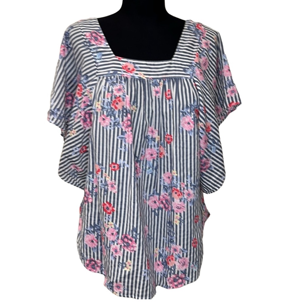 Time & Tru Square Neck Floral Stripe Cascading Top 100% Cotton